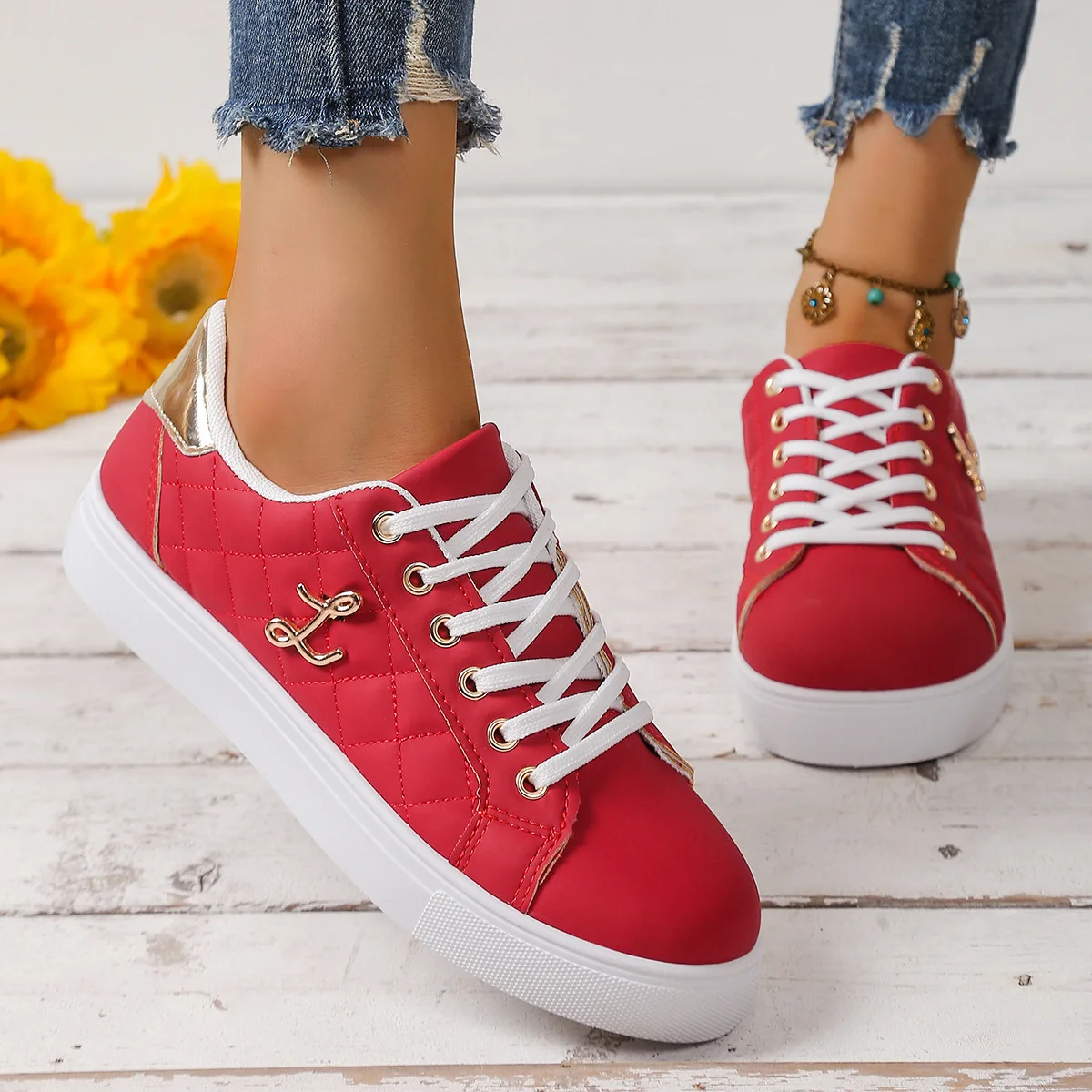 Women's Fashionable Casual Flat Shoes with Thick Sole & Lace-Up for Summer Trendy Round Toe Design for Autumn & Spring - Image 4