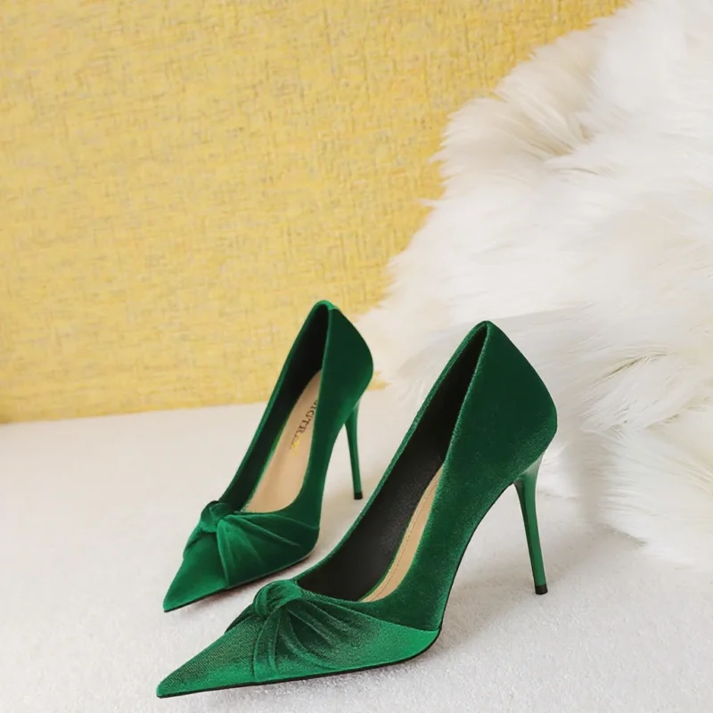 Fashionable Summer Stiletto Pumps Single Banquet Heels with Pointed Suede Bow Tie Slip-On Closure
