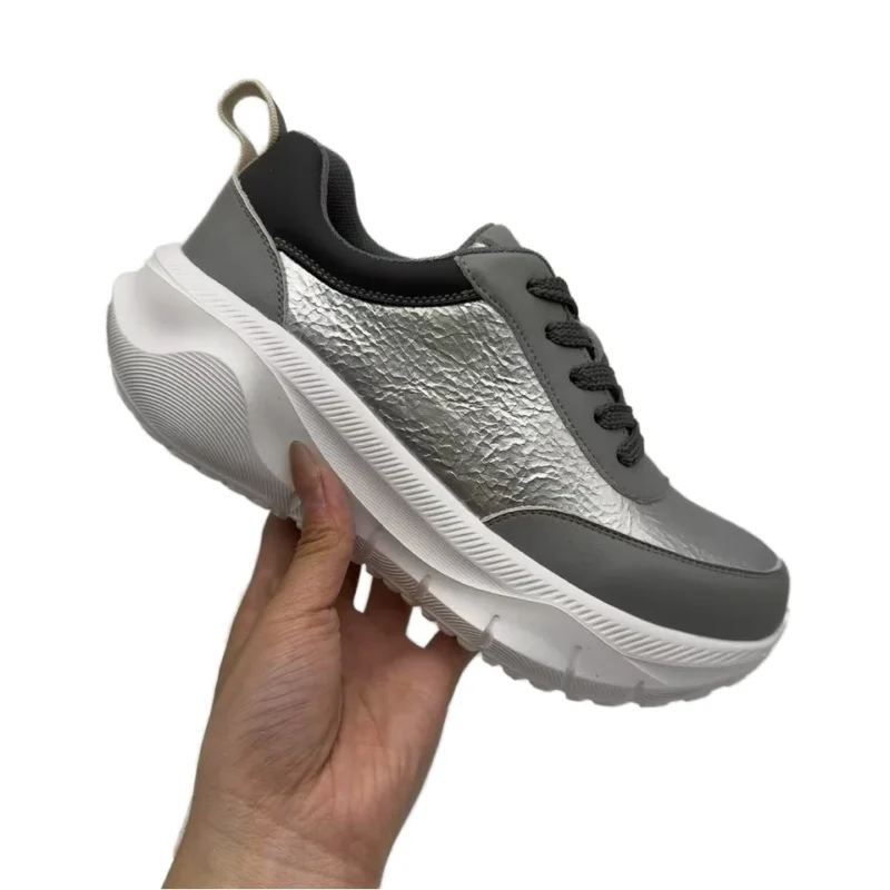 Women's Customized Summer Lace-Up Sneakers Metallic Thick Sole Heightened round Toe Walking Shoes for Spring and Autumn
