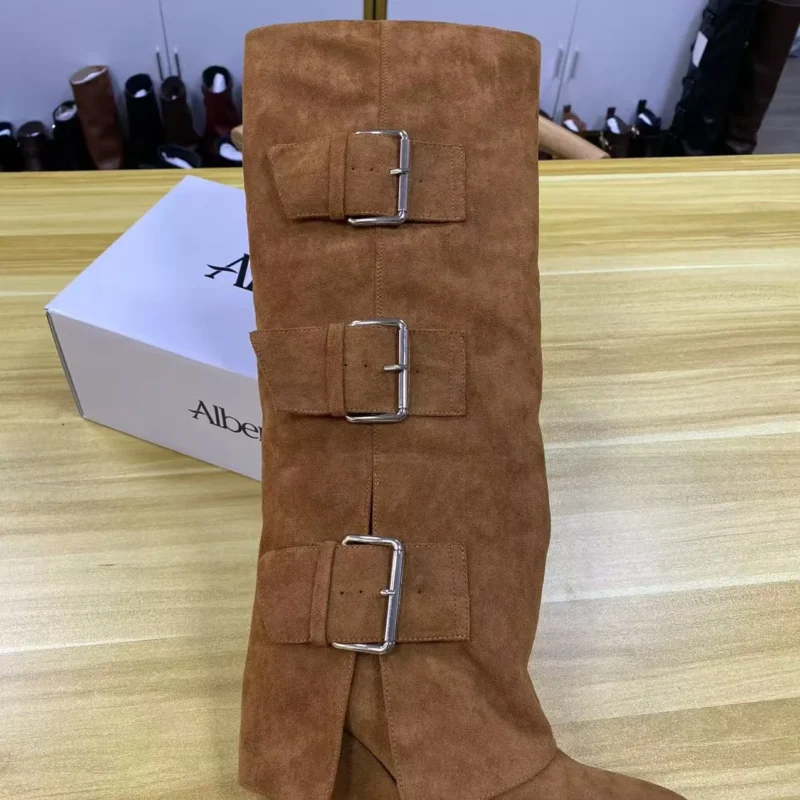 Women's High-Heeled Long Knee High Boots Soft Folded Winter Boots with Belt Buckles Waterproof Height Increasing Slip-On Closure