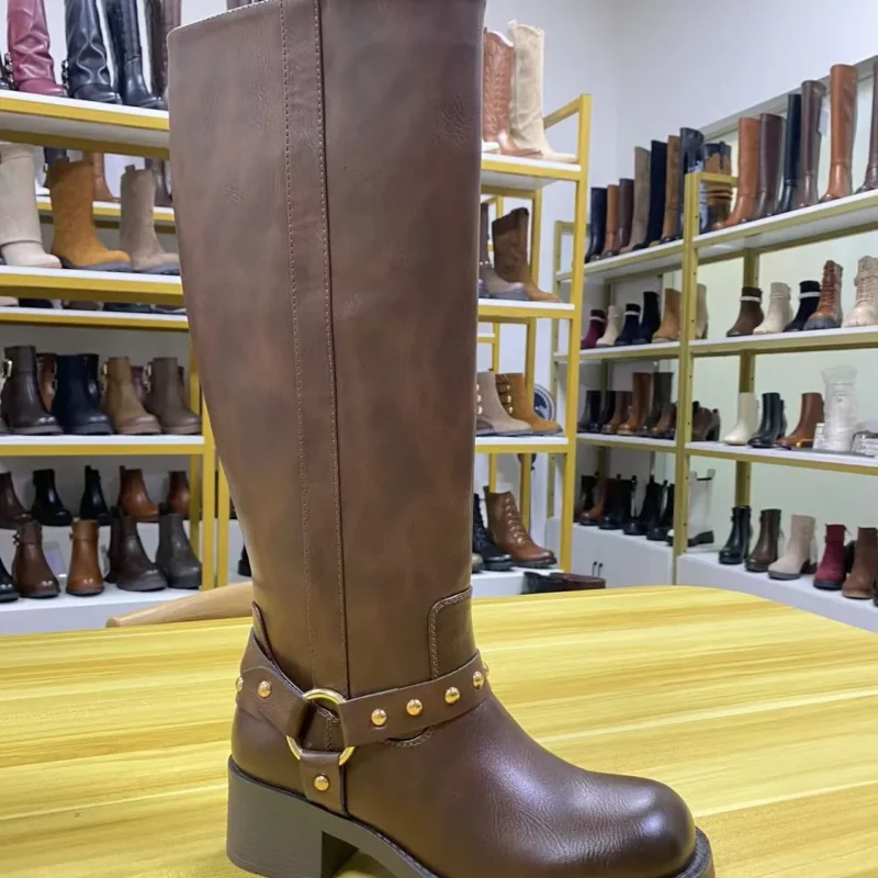 Women's Retro Leather Long Boots round Toe Waterproof Outdoor Knee Boots Hot Sale for Winter Season