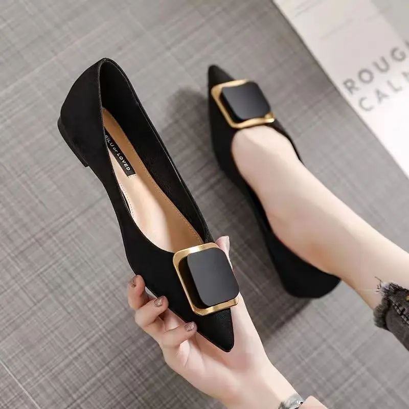 Women's Winter Summer Flats New Design Square Toe Buckle Flat Ballet Shoes High Heel Slip-On Loafers Upper Material Suede