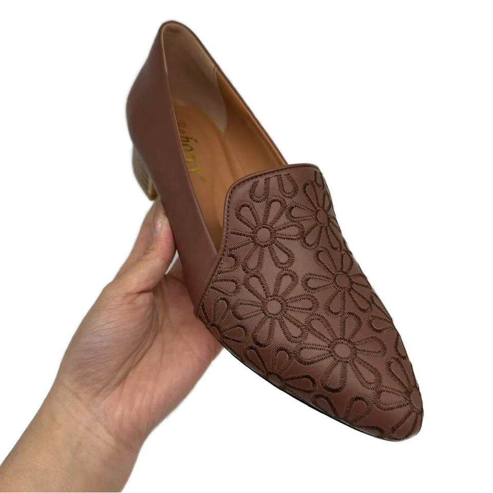 High-End Women's Dress Shoes with Cowhide Embroidery Pattern Pointed Toe Slip-On Heeled Sandals for Spring/Summer - Image 5