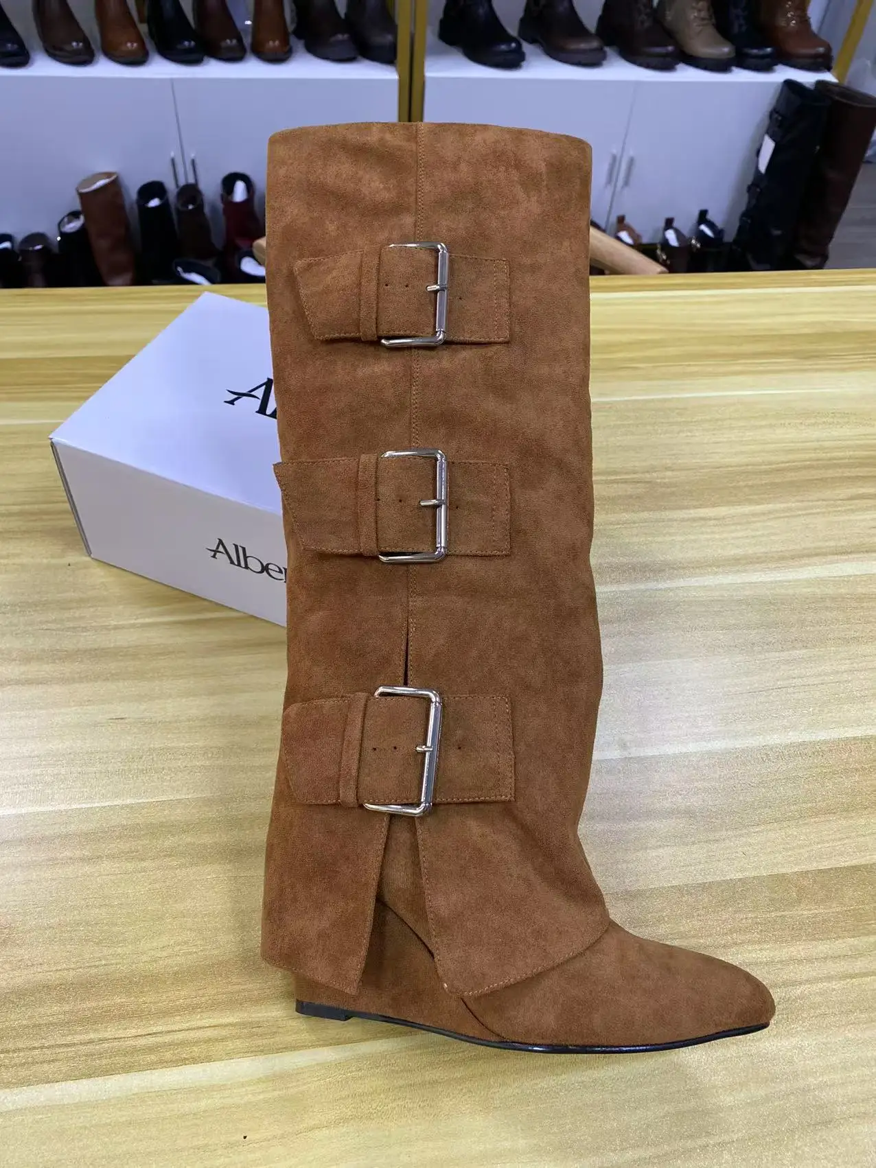 Women's High-Heeled Long Knee High Boots Soft Folded Winter Boots with Belt Buckles Waterproof Height Increasing Slip-On Closure - Image 2