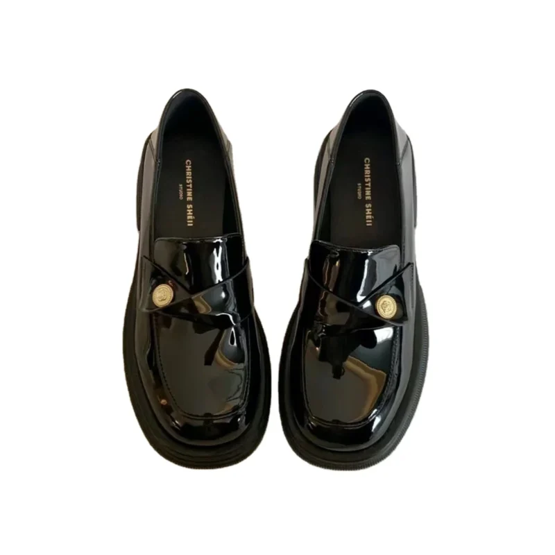 Autumn Season Formal High Heel Slingback Black Patent Leather Gold Coins Small Size Flat Slip-On Closure Mesh Insole Winter