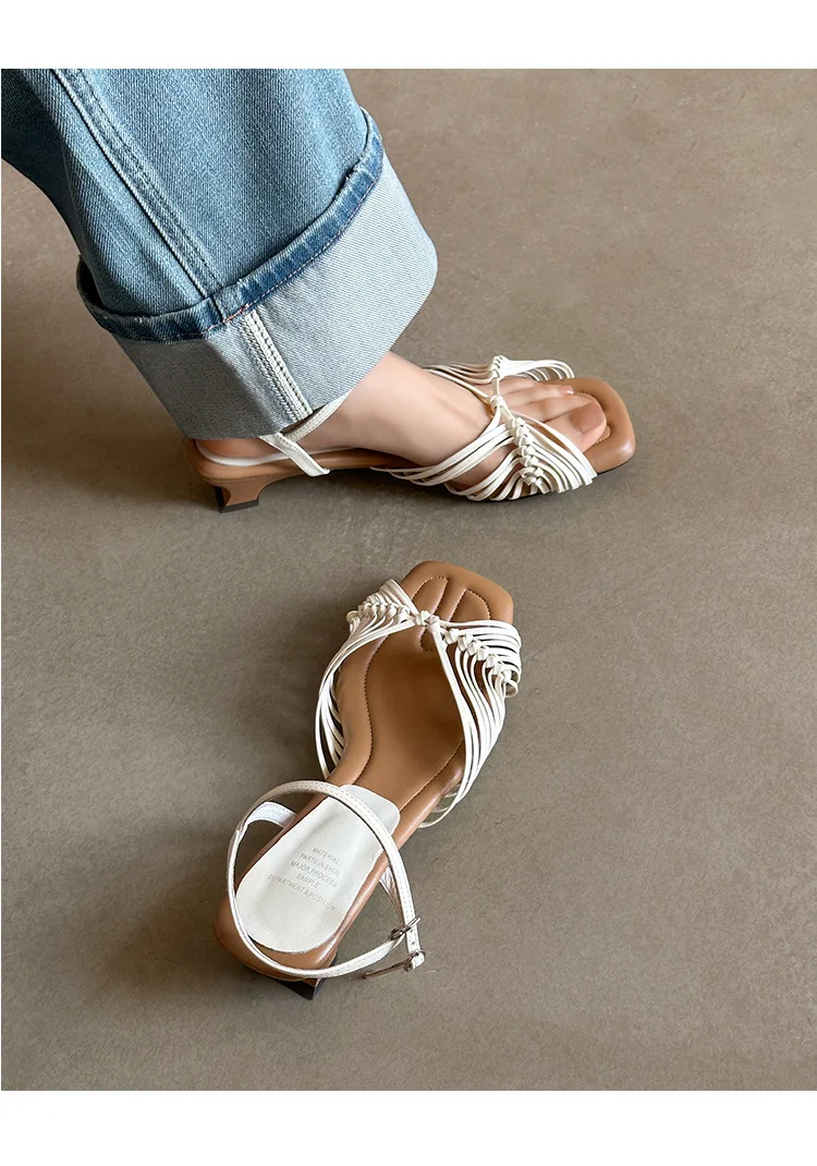 2026 Summer New Women's Brown Square Open Toe Sandals French & Chinese Style Soft & Lazy Hollow Woven Chic for Vacation Wear - Image 3