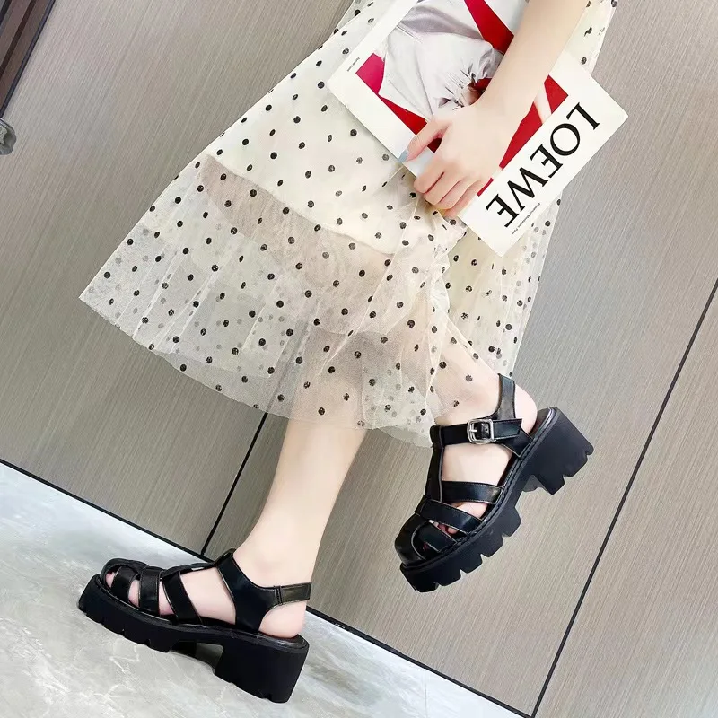 Wholesale Summer Round Toe Platform Wedge Genuine Leather Sandals Ankle Strap Sandals for Women