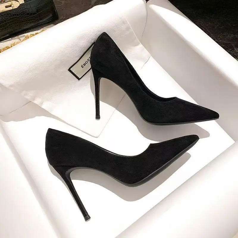 Classic Black Faux Suede Stiletto Heels for Plus Size Women Pointed Toe High Heels Party Shoes-for Summer