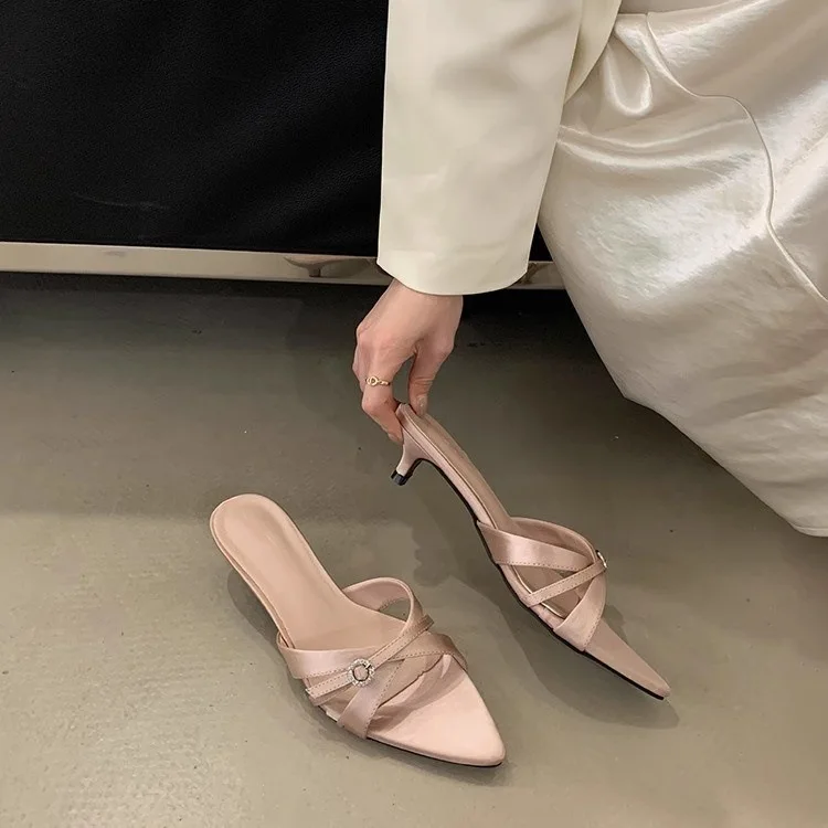New Women's Summer Satin Cross Strap Sandals Slim Strap Hollow Heels Pointed Toe Low Heel Shoes for Wedding Outdoor Use