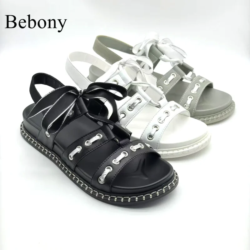2025 Customizable Open Toe Beach Roman Ladies Flat Sandals High Quality Summer Cowhide Strap Design Lace-Up Closure Breathable