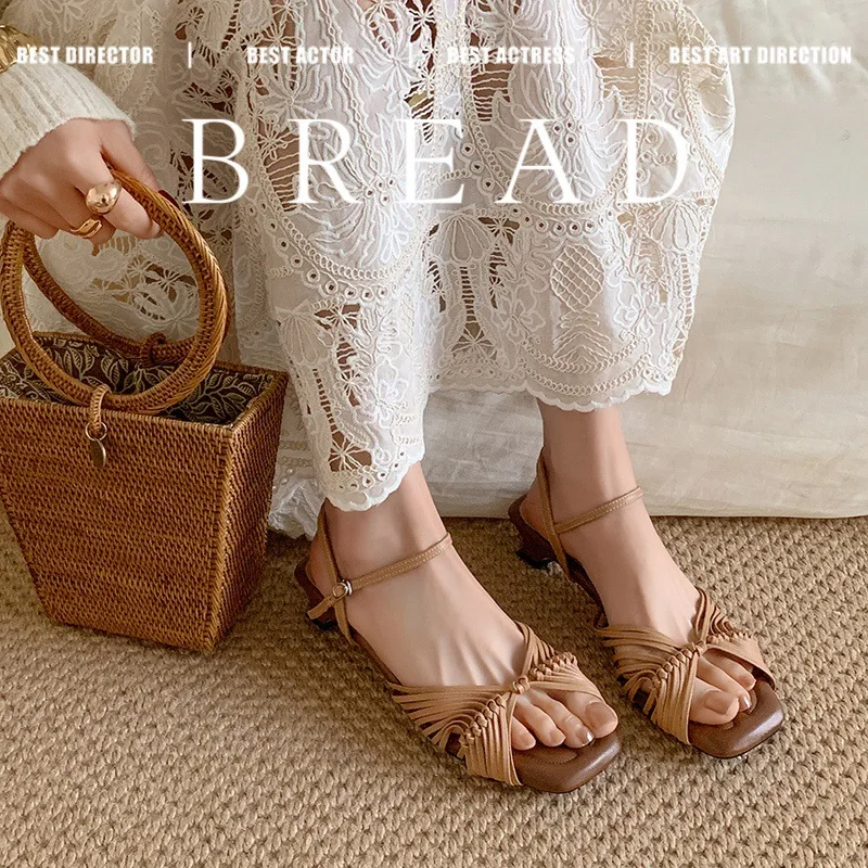 2026 Summer New Women's Brown Square Open Toe Sandals French & Chinese Style Soft & Lazy Hollow Woven Chic for Vacation Wear