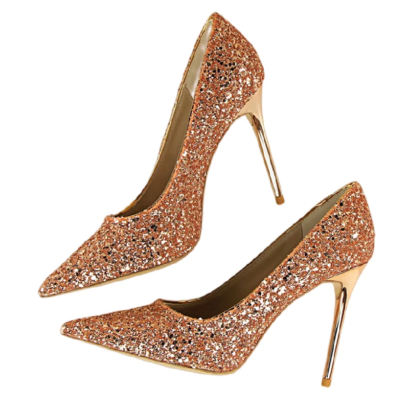 High Quality High Thin Heels Shoes for Women Pumps Pointed Toe Shiny Sequins Wedding Shoes for Bride Heels for Ladies