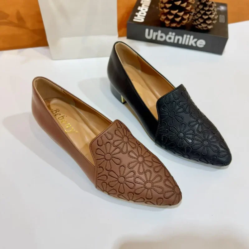 High-End Women's Dress Shoes with Cowhide Embroidery Pattern Pointed Toe Slip-On Heeled Sandals for Spring/Summer