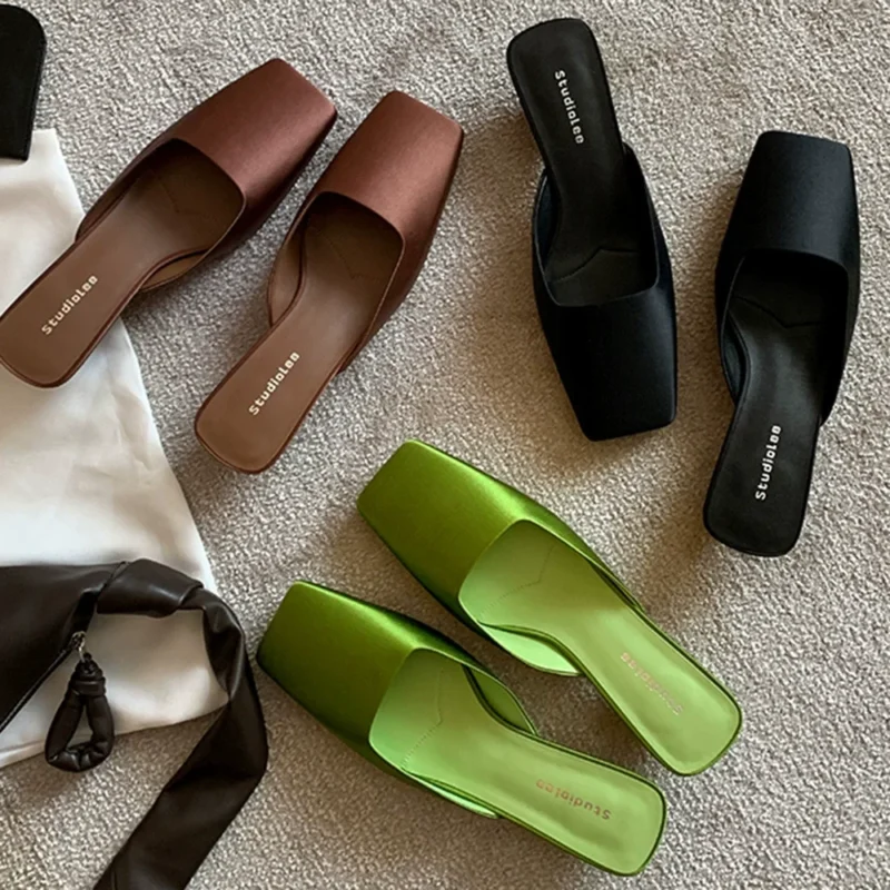 Summer New French Square Toe Elegant Silk & Satin Coat Fashion Fairy Shallow Hooded Slippers with Heels Sandals for Women