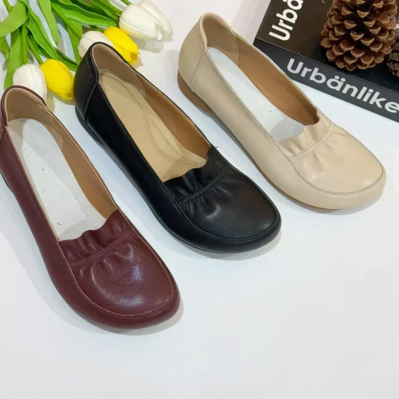 Women's Customizable Cowhide Walking Shoes Comfortable Breathable Soft Sole Non-slip Casual Shoes in Solid Color for Summer