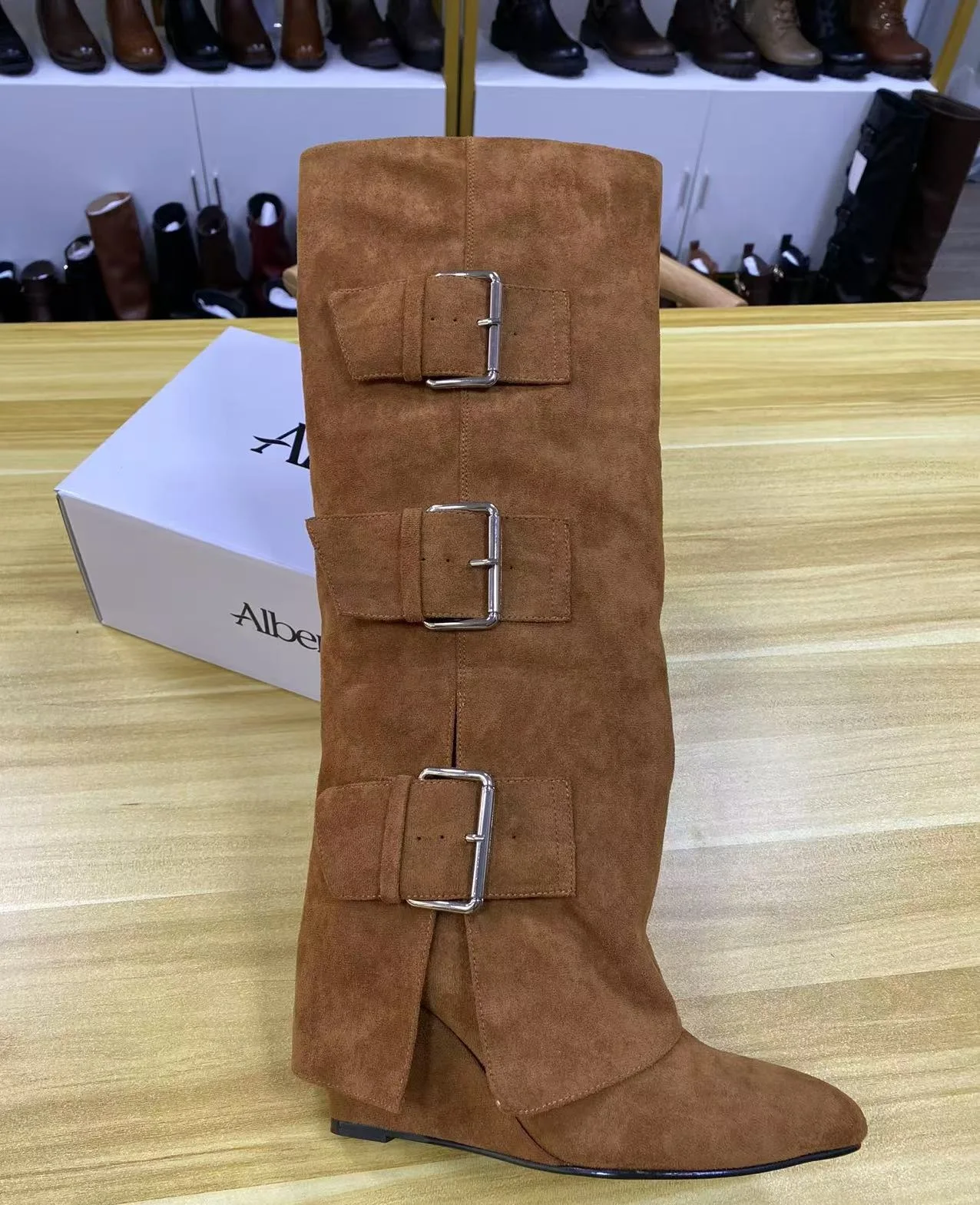 Women's High-Heeled Long Knee High Boots Soft Folded Winter Boots with Belt Buckles Waterproof Height Increasing Slip-On Closure - Image 6