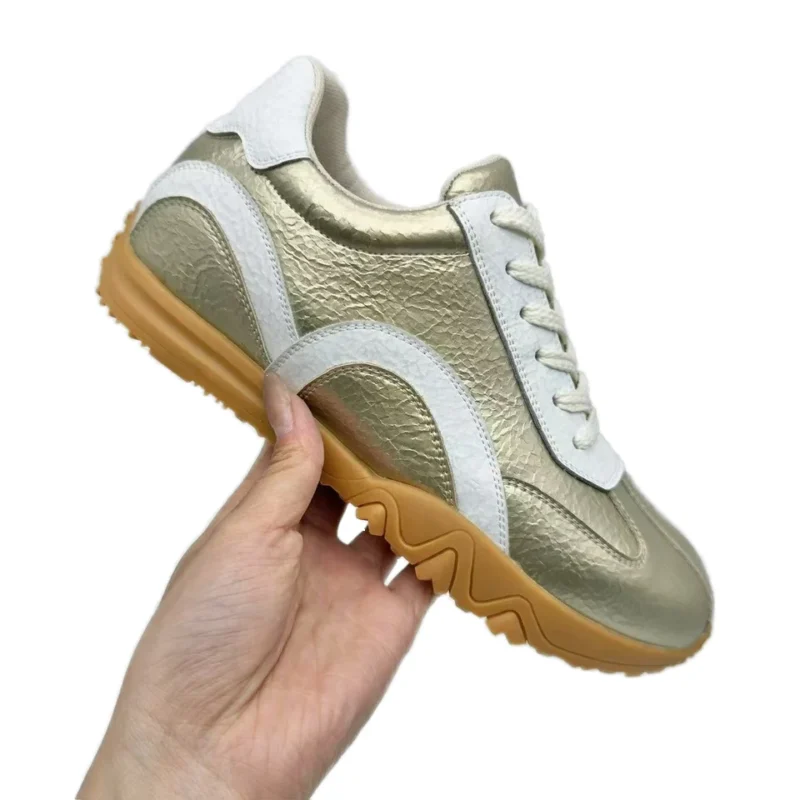 Customizable Women's Casual Sneakers with Metallic Stripe Design Comfortable Cow Leather Sports Outdoor Shoes for Autumn Spring