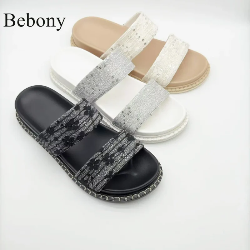 Customizable Glitter Flat Sandals for Women Breathable Summer One-Strap Beach House Slippers Slip-On Fashion Trend Closure