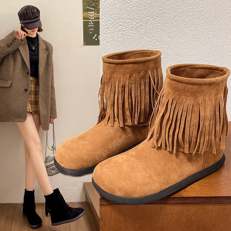 Women's New Fashion Waterproof Short Snow Boots Ankle Cowgirl Tassel Slouch with Closed Toe Autumn Western Style Thermal Feature