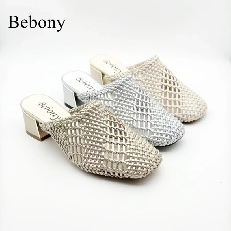 2025 Custom High Quality French High Heeled Sandals for Ladies Square Toe Woven Upper Breathable Slip-On for Summer Outdoor Wear
