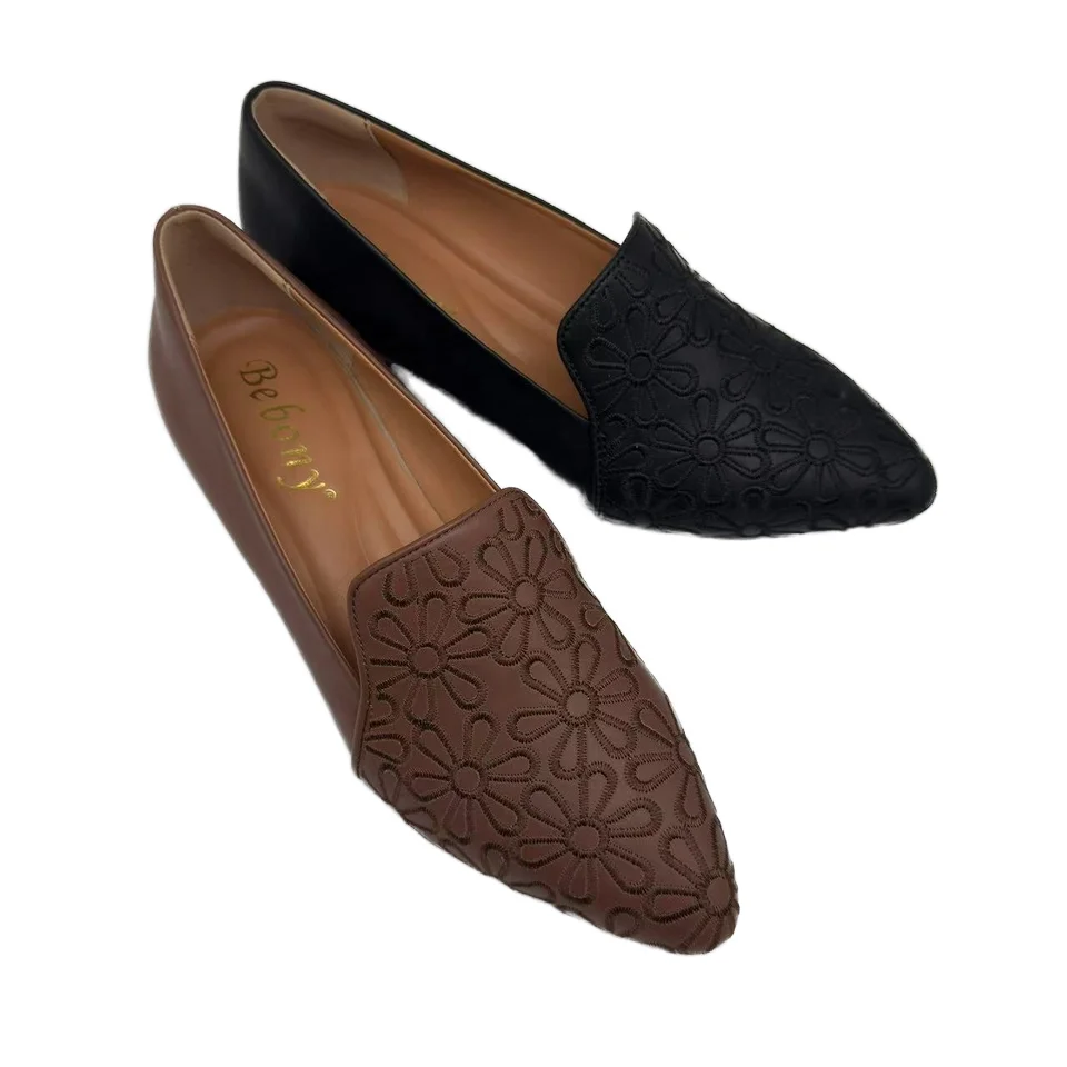 High-End Women's Dress Shoes with Cowhide Embroidery Pattern Pointed Toe Slip-On Heeled Sandals for Spring/Summer - Image 3