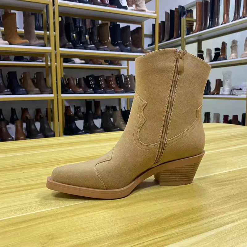 Customized Western Style Chunky Heels Mid Calf Boots Women's Hard-wearing Soft Comfortable Ankle Boots
