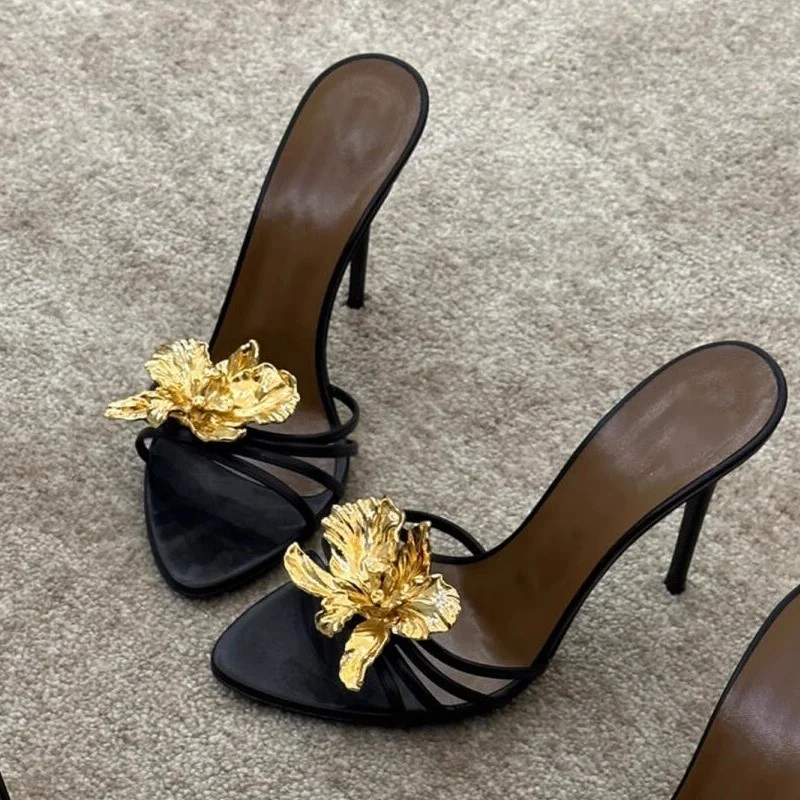 Women's Ultra High Heel Sandals with Metallic Flower Design Sexy Open Toe Shoes for Spring/Summer Fashion Trend Thin Heels