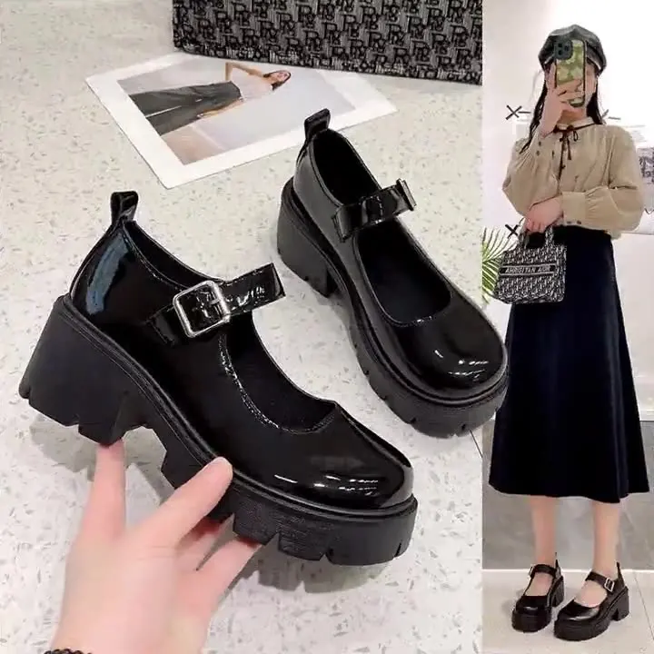 Women's New Style Black Mary Jane Flat Shoes Thick Soled Height Increasing Durable Breathable Casual Loafer for Summer Spring