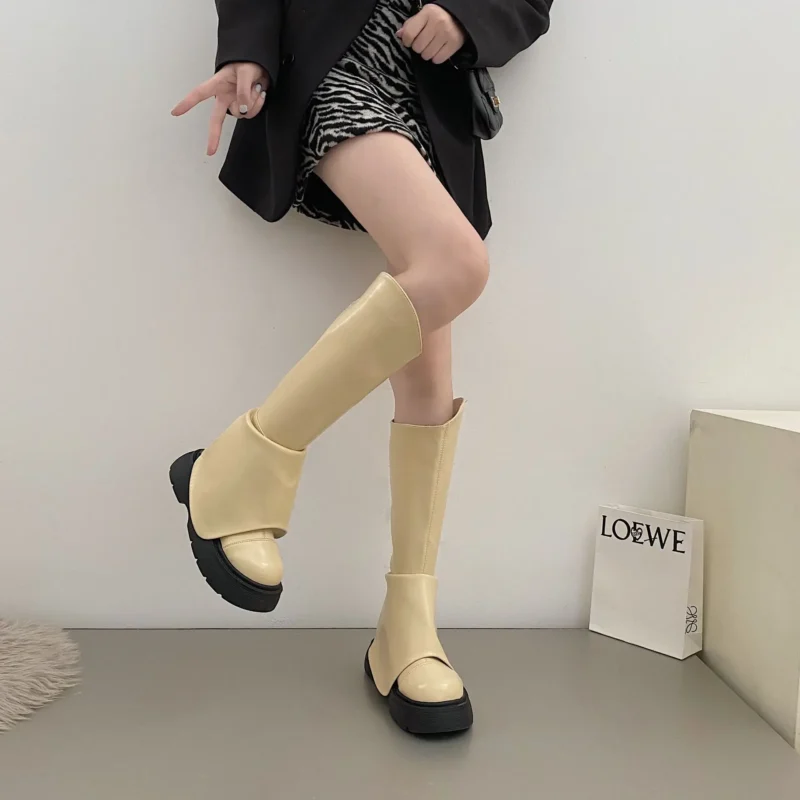 Women's Spring-Fall Knee-High Slouchy Boots Square Toe Wide Upper Flat Leather Heel Platform Shoes