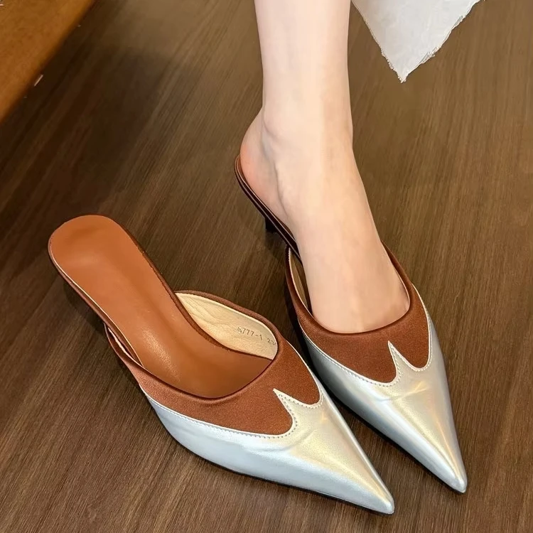 2025 Vintage Brown Stiletto Mules for Women with Customizable Logos Trendy Pointed Toe Slip-On Design for Spring/Summer Fashion