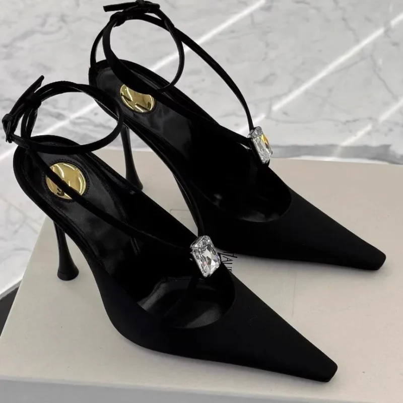 2025 New Fashion Elegant Black Satin Open-Toe High Heels for Women Diamond Accented Sexy Pointed Toe Summer Party Dress Sandals