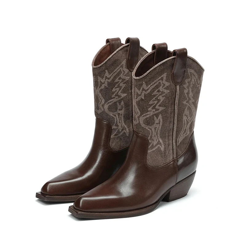 Vintage Embroidery Woman Western Cowgirl Boot Casual Slip On Knight Booties Autumn Winter Thick Heel Girl Shoes